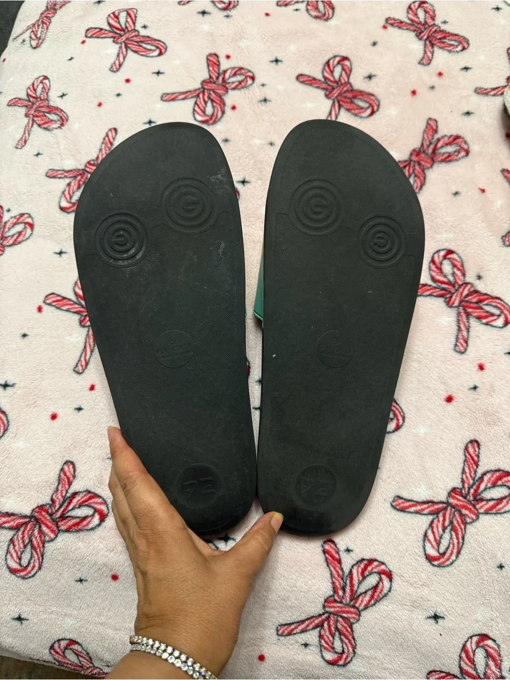 Gucci Black Slides with Yellow and Teal Double G Strap
